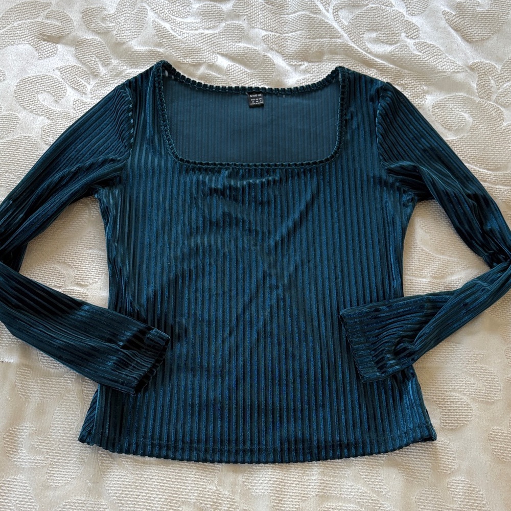 SHEIN Teal Ribbed Long Sleeve Blouse